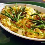 Spaghetti con uovo, pancetta, asparagi di bosco