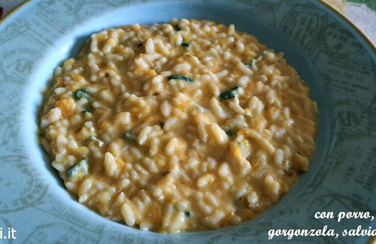 Risotto con porro, zucca gialla, gorgonzola, salvia, parmigiano